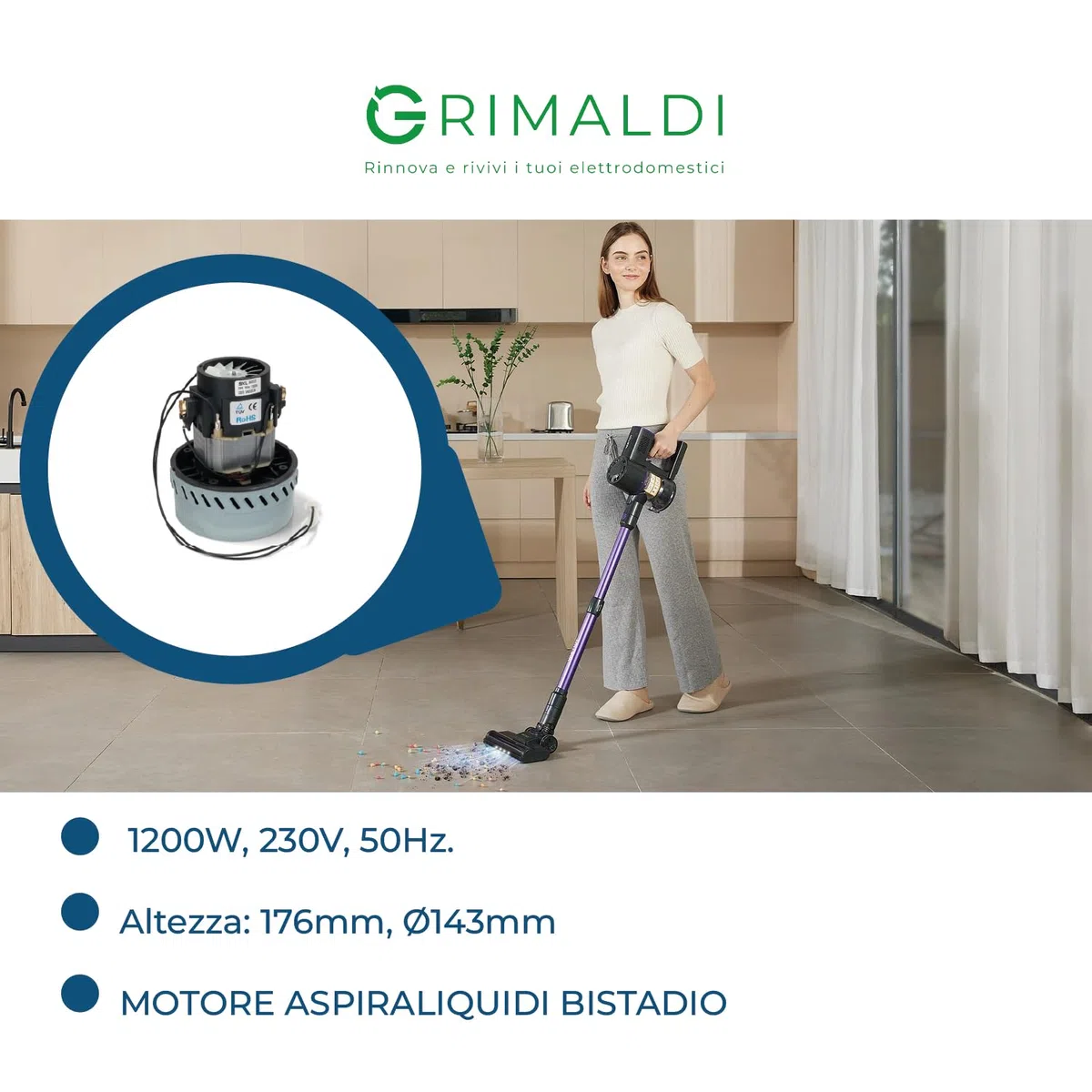 G GRIMALDI Motore Aspiraliquidi Bistadio 1200W Compatibile Universale Ø143 mm, Altezza 176 mm, Ricambio per Aspirapolvere Industriali e Aspira Liquidi, 230V 50Hz