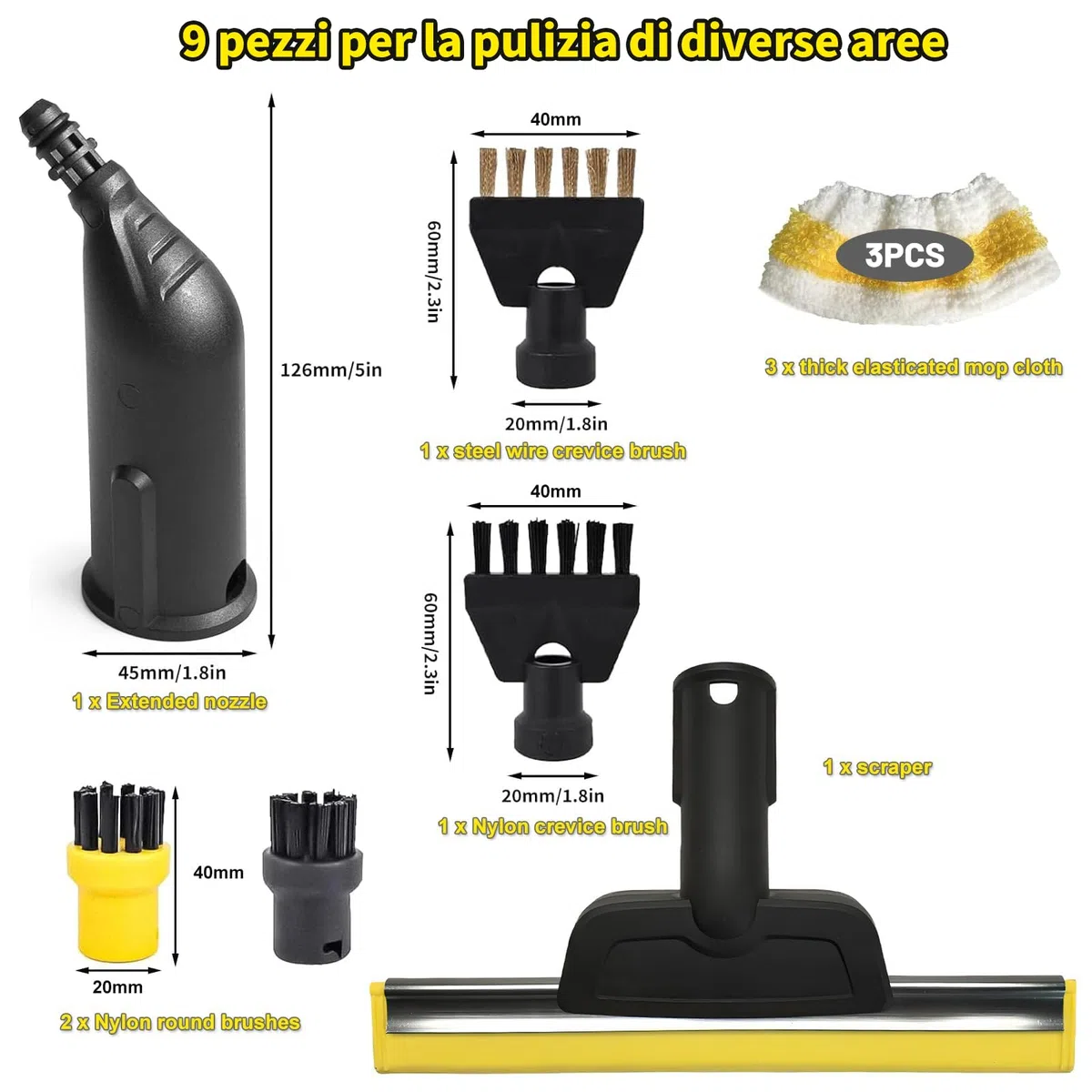 9 Pezzi Accessori per Pulitore a Vapore Compatibile con Karcher SC1 SC2 SC3 SC4 SC5, Spazzola di Pulizia, Ugello, Raschietto Per Finestre, Panno per la Pulizia