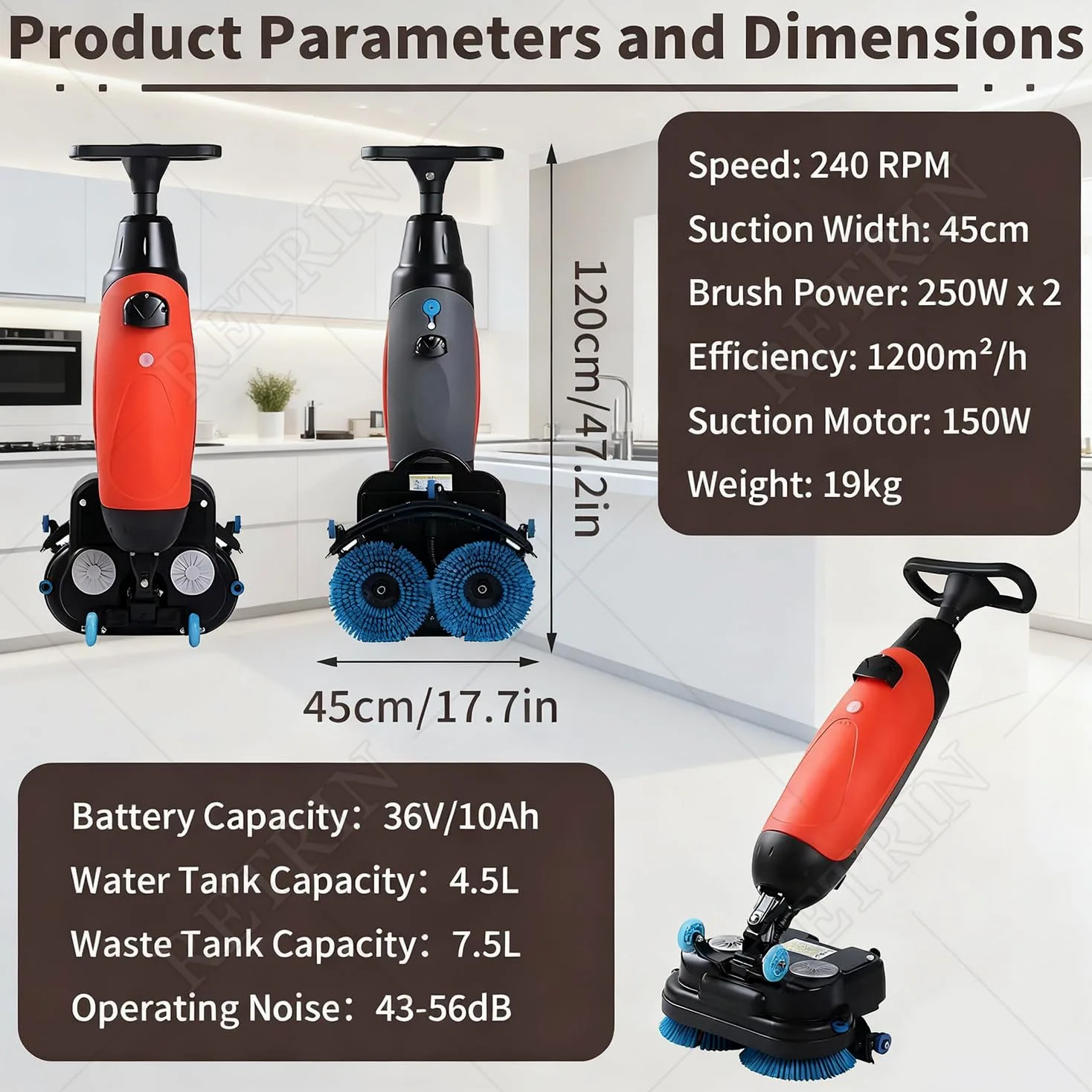 Lavapavimenti commerciale portatile, 240 giri/min, larghezza di pulizia 42,9 cm, doppi serbatoi 4,5 L+7,5 L, per pavimenti in legno, piastrelle, terrazzo, marmo, pavimenti in cemento
