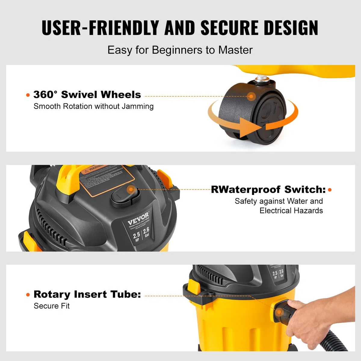 VEVOR Aspirapolvere per umidi asciutti capienza ca. 10 litri, Aspirapolvere portatile 2,5 HP max, Aspirazione con ugello a rotelle, Aspirapolvere per moquette, detriti, peli animali domestici, giallo
