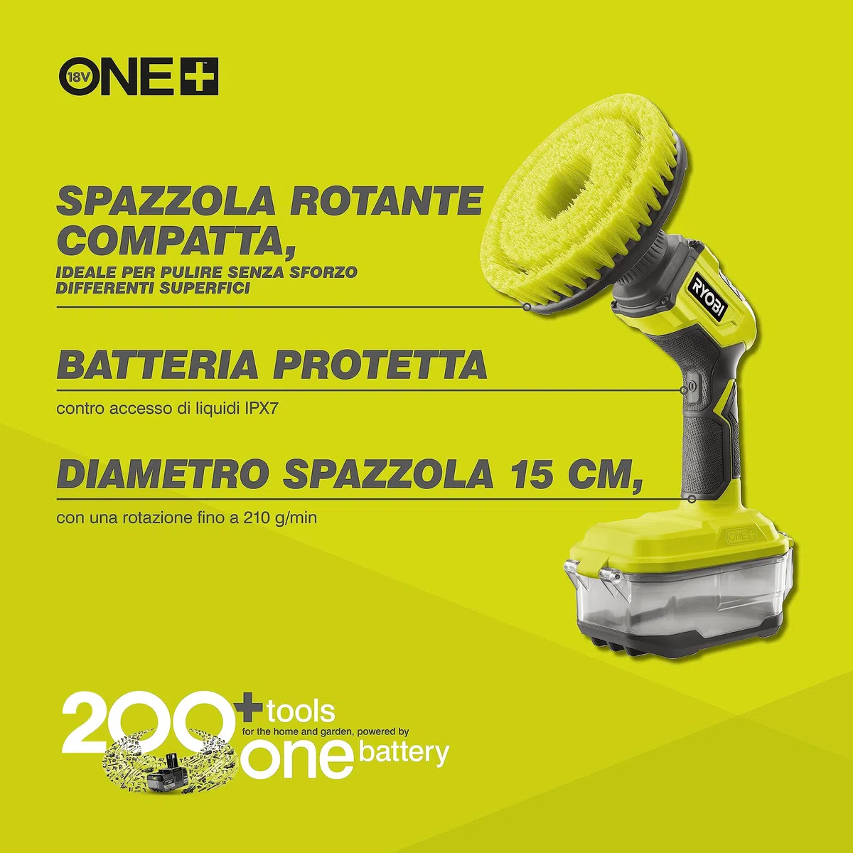 Ryobi Spazzola Rotante a Batteria 18V ONE+, Diametro 15 cm, Rotazione 210 rpm, IPX7, per Pulizia Terrazzi, Auto, Mobili da Giardino, Senza Batteria, R18CPS-0