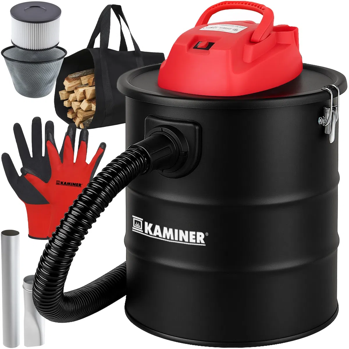 KAMINER Aspiratore cenere 15 l, 1200 W, 20 kPa, HEPA + filtro tessile, funzione soffiaggio, tubo di aspirazione in metallo, 2 ugelli in alluminio, clip metalliche, forno, barbecue, officina, senza